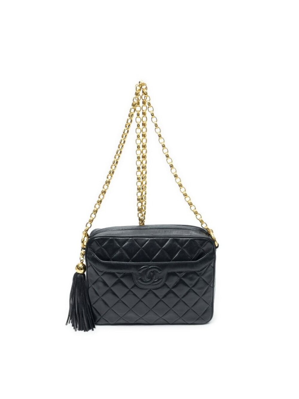 Chanel CC Logo Fringe Chain Shoulder Bag Black Quilted Lambskin Leather